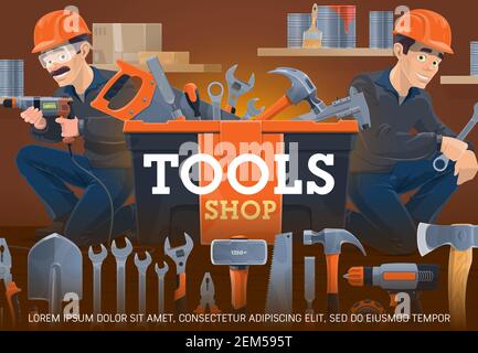 Carpentry and locksmith work tools shop. Workers holding drill and wrench. Paint buckets and brushes on wall shelves, ardware store, diy tools and too Stock Vector