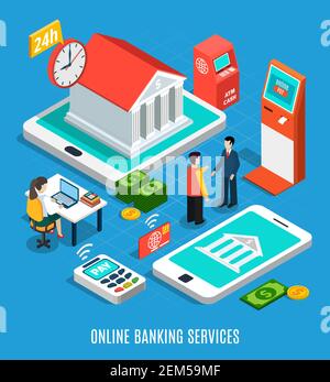 Online banking services isometric composition on blue background with 24h, payment equipment, staff vector illustration Stock Vector