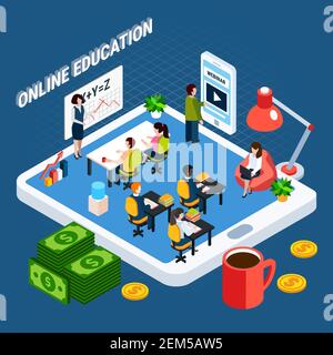 Isometric webinar composition with online education headline and students in the classroom vector illustration Stock Vector
