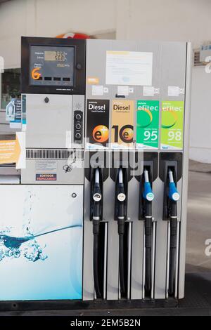 CALDES DE MONTBUI, SPAIN - 31 JANUARY 2021:Gas pump handles. 95 octane number gas, E5, diesel and gasoline handle to fuel the car with gas. European G Stock Photo