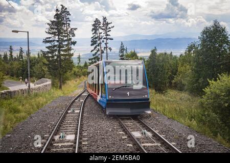 HIGH TATRAS, SLOVAKIA - AUGUST 2020: Cable railway from Stary Smokovec to Hrebienok 1,285m . Hrebienok is a popular tourist destination and a starting Stock Photo