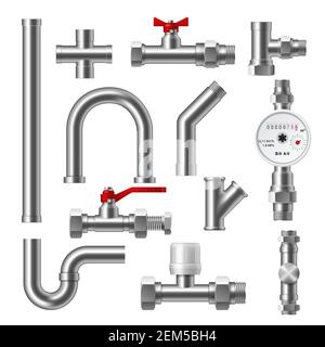 Plumbing pipes, fittings, water pipeline ball valves and piston flow meter 3d vector design. Plastic, pvc or steel fixtures, elbow, tee and cross thre Stock Vector