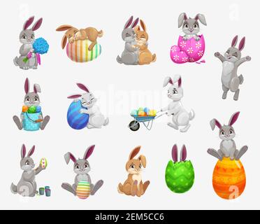 Easter bunny and rabbit with egg vector icons set of religion holiday and egghunting design. Cute cartoon hare animals with spring flower bouquet, Eas Stock Vector