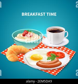 Realistic breakfast time background with porridge eggs sausages croissant and coffee on checked napkin vector illustration Stock Vector