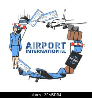 Airport and air travel vector icon with plane, passport and tower, flight tickets and luggage frame. Arrival and departure passenger control, suitcase Stock Vector