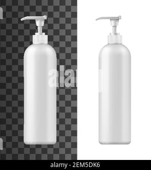 Bottle with pump dispenser 3d vector mockups of white plastic cosmetic containers. Realistic templates of packaging for shampoo, liquid soap or shower Stock Vector