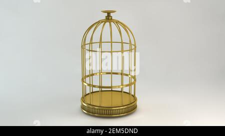 Cage gold on white background metal vintage style prison concept symbol of freedom in perspective Stock Photo