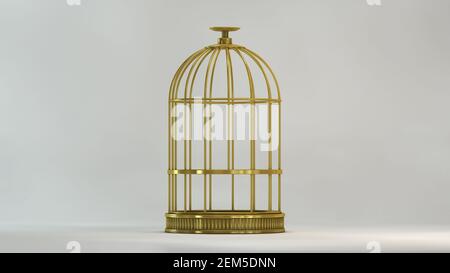 Cage gold in view front on white background metal vintage style prison concept symbol of freedom and release Stock Photo