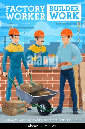 Builders, masons and bricklayers, construction industry and masonry design. Build workers building brick wall with trowel, cement bags and wheelbarrow Stock Vector