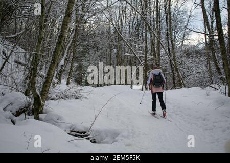 Young Woman Cross Country Skiing in Norway Stock Photo