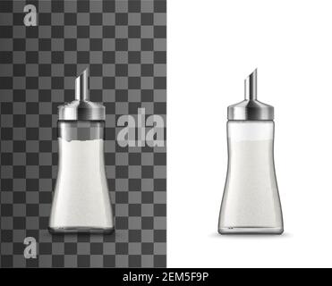 Salt shaker 3d templates with glass bottles of food seasonings and condiments. Vector mockups of containers or dispensers with sea salt powder and pou Stock Vector