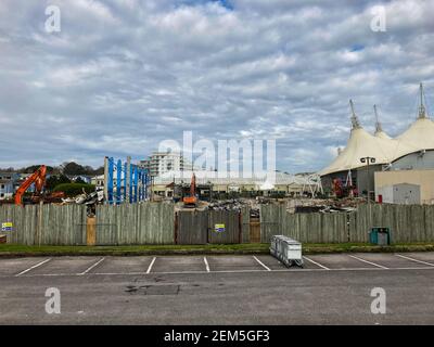 Demolition of the old swimming pool, which opened in 1987, taking place at Butlins in Bognor Regis, West Sussex, UK. Stock Photo