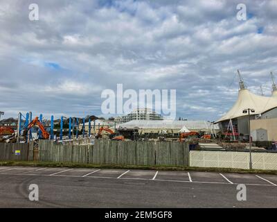 Demolition of the old swimming pool, which opened in 1987, taking place at Butlins in Bognor Regis, West Sussex, UK. Stock Photo