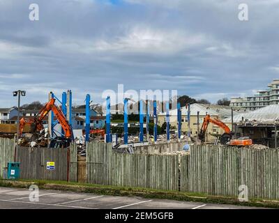 Demolition of the old swimming pool, which opened in 1987, taking place at Butlins in Bognor Regis, West Sussex, UK. Stock Photo