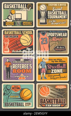 Basketball-Spiel Retro-Poster. Vector Spieler und Ball im Korb. Vintage  Sport Meisterschaft oder Turnier Poster Design. Laufsportler in der  Sportswea Stock-Vektorgrafik - Alamy