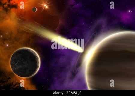 Planets, nebula, stars and flying asteroid. Asteroid impact. Armageddon. Stock Photo