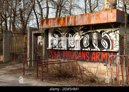 CSKA Hooligans Army graffiti on disused ticket collection point kiosk at CSKA Sofia Bulgarian Army stadium in the 'Borisova Gradina' in Sofia Bulgaria Stock Photo