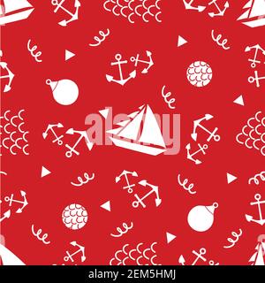Boats, anchors, buoys vector seamless pattern background. Red white backdrop with yachts, sailing equipment, scribbled abstract wavy lines and shapes Stock Vector