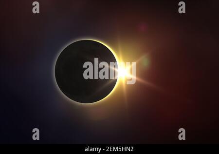 Solar Eclipse and colorful space. Solar eclipse, mysterious natural phenomenon when Moon passes between planet Earth and Sun. Stock Photo