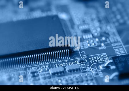 Closeup of electronic circuit board with chip. Macro with extremely shallow dof. Stock Photo