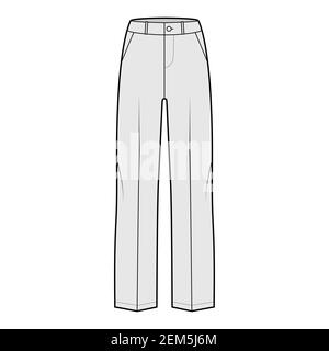 Pants tailored technical fashion illustration with low waist, rise, full length, slant slashed pockets, belt loops. Flat bottom trousers apparel template front, grey color. Men unisex CAD mockup Stock Vector