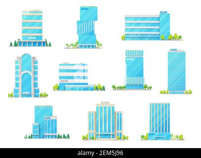 Bank, office and financial building vector icons. Tall office buildings and skyscrapers with modern glass facades, entrance doors, car parking lots an Stock Vector