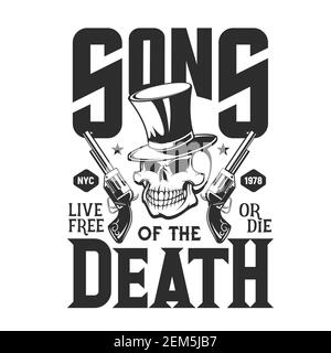 Skull gangster with guns, t-shirt print mockup. Vector laughing cranium head in cylinder top hat with crossed pistols. Monochrome skull mascot with we Stock Vector