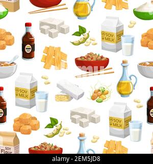 Soybean food vector seamless pattern. Background with soy milk, oil and sauce bottles, tofu, tempeh and miso paste, flour, noodles and meat, tofu skin Stock Vector