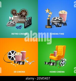 Realistic cinema 2x2 design concept with different objects for watching and making movies isolated on colorful background vector illustration Stock Vector