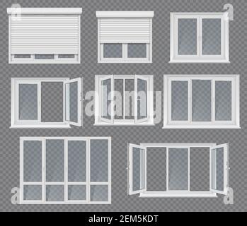 Plastic windows, frames and jalousie. Realistic vector 3d windows two, three or four sections with handles for adjustment. White pvc sills, roller bli Stock Vector