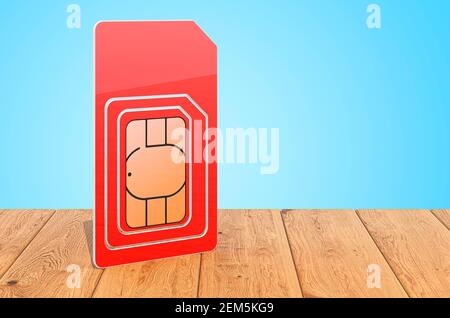 Sim Card on the wooden planks, 3D rendering Stock Photo