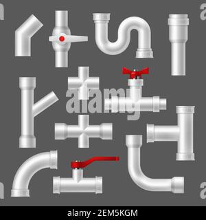 Plastic pipes and tubes, pipeline fittings realistic isolated 3d vector objects set. Pipeline tube parts with red valves, plumbing fittings. Factory p Stock Vector