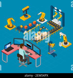 Industrial machines isometric composition of human guided operating console and set of electronic manipulators and conveyors vector illustration Stock Vector