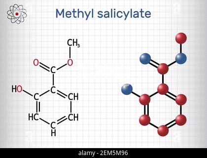 Methyl salicylate, wintergreen oil molecule. It is methyl ester of salicylic acid, flavouring agent, metabolite, insect attractant. Sheet of paper in Stock Vector