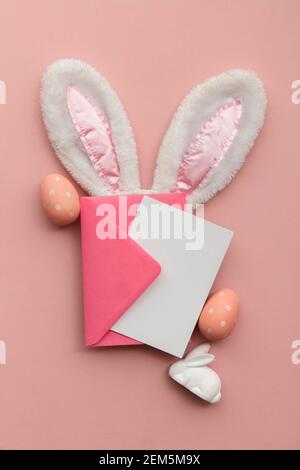 Easter blank card and envelope with fluffy easter bunny ears Stock Photo