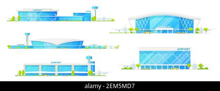 Airport buildings with glass facade vector isolated icons. Airplane runway, control tower, hotel and passenger terminal infrastructure, airport with p Stock Vector