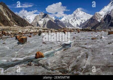 K2 and Marble Peak from Vigne Glacier, Pakistan Stock Photo