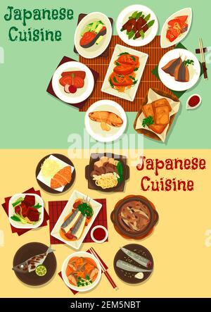 Japanese cuisine food. Fish and meat vector dishes with vegetables, curry, ginger, soy and miso sauce. Beef stew with noodles, tofu and eggs, baked tu Stock Vector