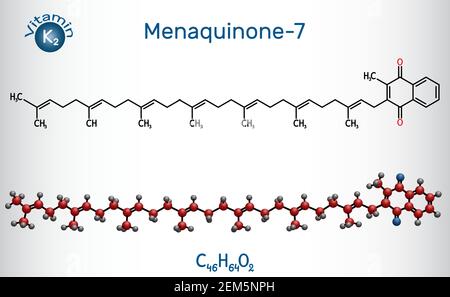 Menachinon-7, MK-7 molecule. It is vitamin K2, menaquinone. Structural chemical formula and molecule model. Vector illustration Stock Vector