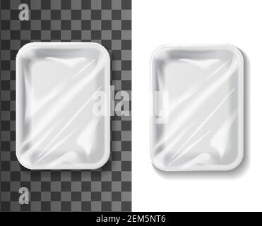 Realistic food package vector mockup. Isolated 3d foil, paper or plastic container wrapped in cellophane top view. Food box, blank white rectangular p Stock Vector