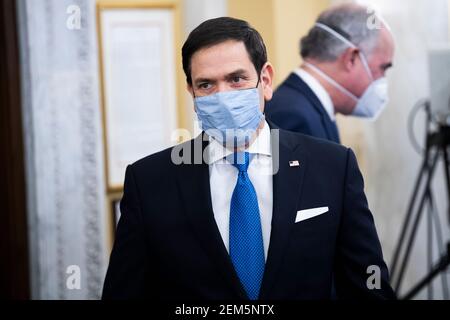 UNITED STATES - FEBRUARY 24: Vice chairman Sen. Marco Rubio, R-Fla., attends the Senate Select Intelligence Committee confirmation hearing for William Burns, nominee for Central Intelligence Agency director, in Russell Senate Office Building on Capitol Hill in Washington, D.C., on Wednesday, February 24, 2021. Sen. Bob Casey, D-Pa., is seen at right. (Photo By Tom Williams/Pool/Sipa USA)