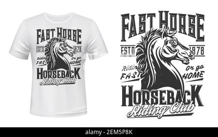 Stallion horse t-shirt print mockup. Equestrian sports, horseback riding club apparel vector template. Strong and fast, thoroughbred stallion horse he Stock Vector