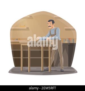 Carpenter with plane working in workshop, carpentry woodwork. Joiner man using a carpentry equipment and tools. Woodworker professional occupation Stock Vector