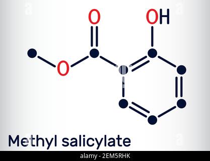 Methyl salicylate, wintergreen oil molecule. It is methyl ester of salicylic acid, flavouring agent, metabolite, insect attractant. Skeletal chemical Stock Vector