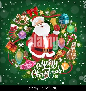 Merry Christmas greeting, Santa Claus with bell. Vector fir branches and gingerbread cookies, gift boxes or presents, cones and snowflakes, candies an Stock Vector