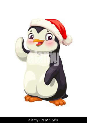 Penguin cute cartoon animal in winter red hat vector design. Snowy Antarctic bird with black and white face smiling and waving. Polar penguin characte Stock Vector