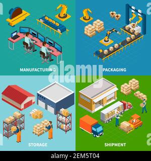 Industrial machines isometric design concept with four compositions of automated manipulators and conveyor images with text vector illustration Stock Vector