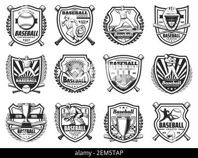 Baseball sport and players vector icons. Sports team club badges or league tournament monochrome signs. Baseball or softball game championship trophy, Stock Vector