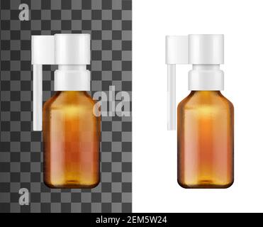 Spray bottle 3d mockups with sore throat, oral or nasal medicines. Brown glass medical container vector templates with plastic dispensers and extensio Stock Vector