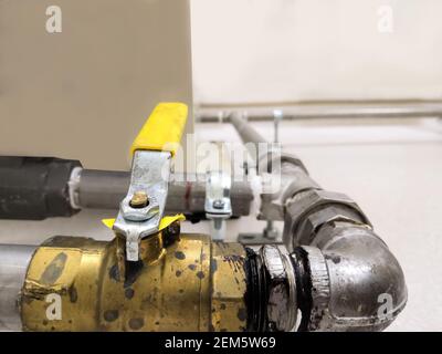 Hot Water Steel Pipe Connection With Ball Valve. Selective Focus Stock Photo